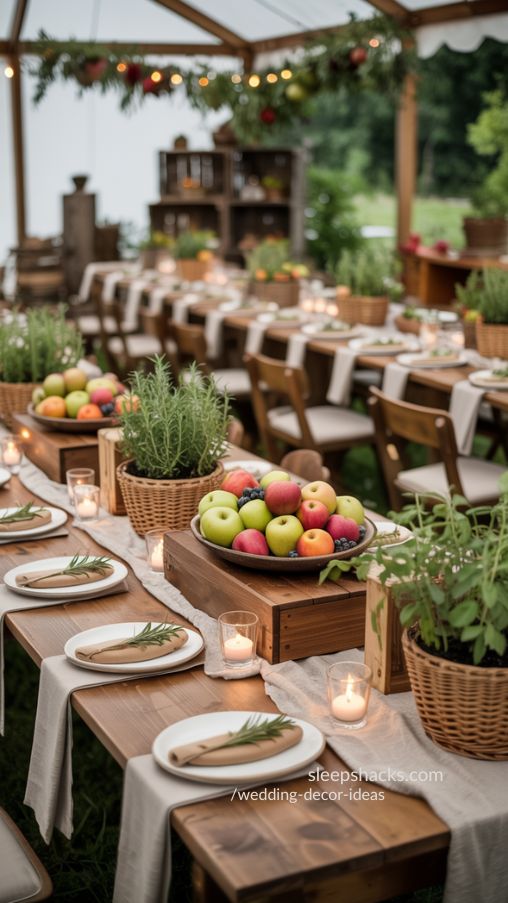 Farm-to-table wedding reception with wooden tables, seasonal fruits, potted herbs, and organic decor accents