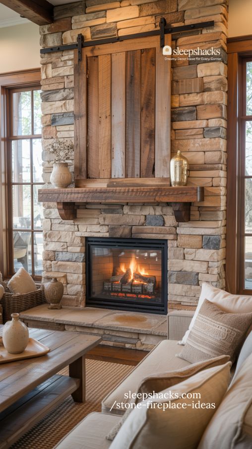 Photorealistic interior photography of a contemporary living room featuring a deep charcoal gray stone fireplace set against crisp white walls for striking visual contrast. The stone has subtle texture and organic striations, giving depth while remaining bold and modern. A light-colored hearth extends slightly from the base, balancing the dark stone and softening the overall look.A gentle fire glows in the fireplace, casting warm reflections onto the textured stone. Surrounding furnishings include a neutral linen sofa, a soft woven rug, and a low-profile wooden coffee table with minimal decor such as a ceramic vase and two candles. Natural daylight streams through large windows, enhancing the contrast between the dark stone and bright walls. Vertical Pinterest ratio 2 to 3, full-frame camera, 35mm lens, eye-level composition, ultra-detailed stone textures, soft diffused lighting, high dynamic range, editorial home decor magazine aesthetic.Keywords Focus
Stone Fireplace Ideas, contrasting stone fireplace, dark stone light walls fireplace, dramatic living room fireplace, modern fireplace color contrast