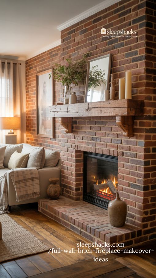 Farmhouse Mantel Ideas for a Full Wall Brick Fireplace Makeover