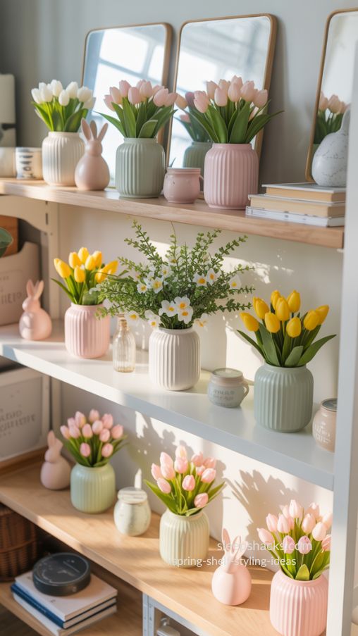 Faux Tulips and Daffodils in Clusters – Cheerful Spring Shelf Styling Idea