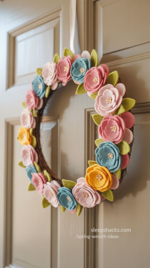 Felt Flower Spring Wreath – Colorful Handmade Door Decor