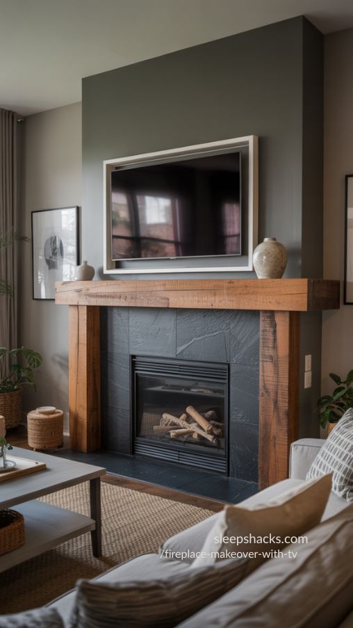 Fireplace Makeover With Contrasting Materials and TV – Stylish Dramatic Living Room