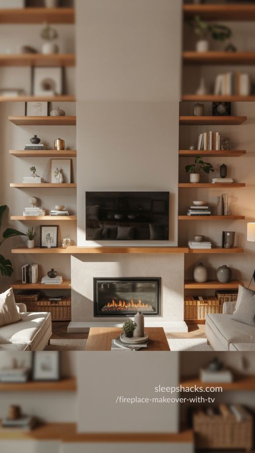 Fireplace Makeover With TV and Floating Shelves – Modern Balanced Living Room