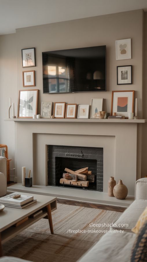 Fireplace Makeover With TV and Layered Mantel Art – Midcentury Modern Living Room