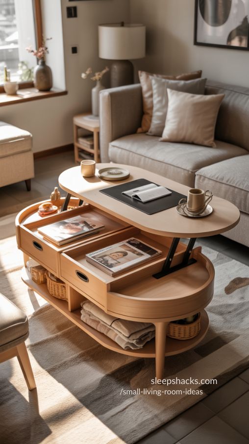 Small living room designed for maximum functionality featuring a multi-functional coffee table with lift-top and built-in drawers. Light wood or neutral-toned table positioned in front of a compact sofa, styled with minimal decor. The table doubles as a workspace, snack station, and storage unit with neatly organized magazines and blankets inside drawers. Round or oval shape ensures smooth flow and open walking space. Small ottomans tucked underneath add flexible seating options. Light-colored rug, soft cushions, and natural sunlight from nearby windows enhance the airy, cozy feel. Photorealistic, ultra-detailed interior photography, Pinterest aesthetic, warm and inviting, editorial style, 35mm lens, eye-level composition, natural textures, high dynamic range.Keywords Focus
Small living room ideas, multi-functional coffee table, space-saving furniture, small apartment decor, lift-top coffee table