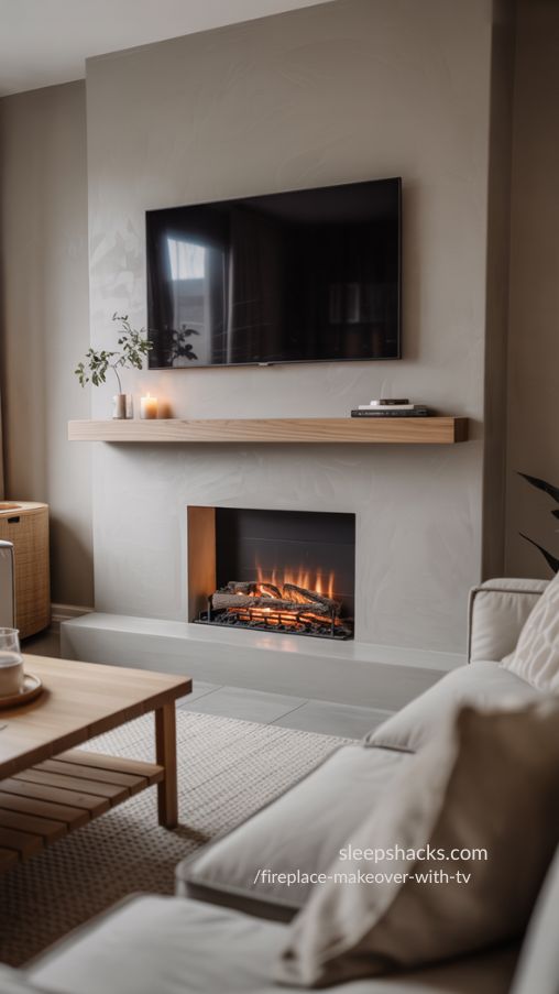 Floating TV Fireplace Makeover With Minimalist Mantel – Scandinavian Modern Living Room