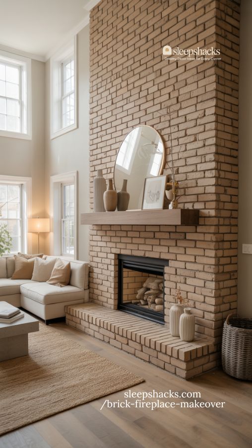 Floor to Ceiling Full Wall Brick Fireplace Makeover Inspiration