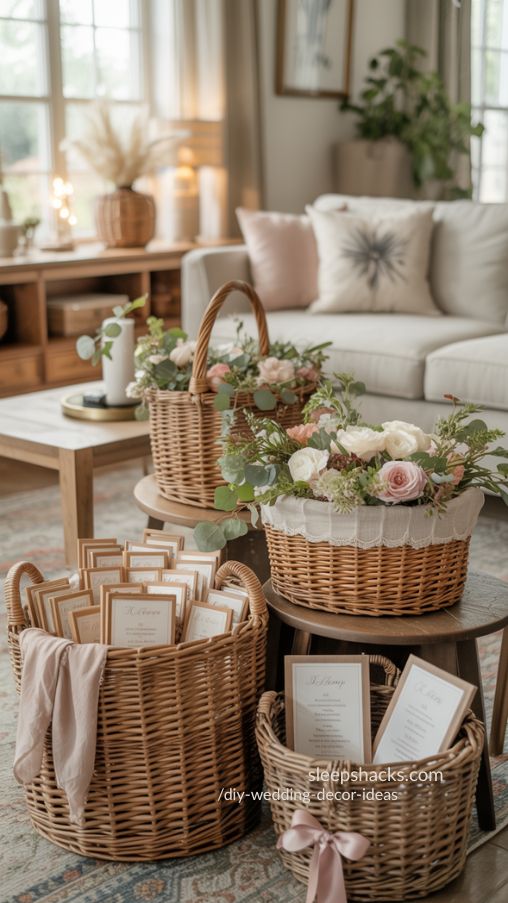 Flower Filled Woven Baskets Styled for Romantic DIY Wedding Decor