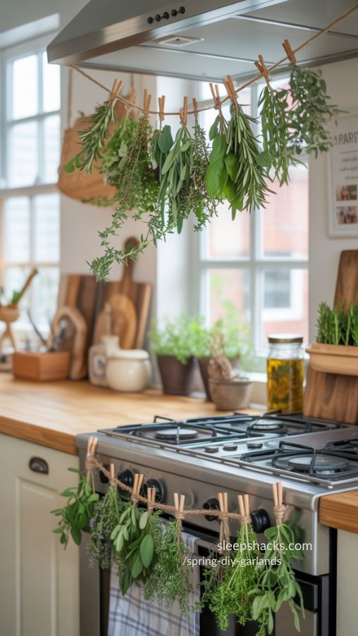 Fresh Herb Garland Adding Rustic Charm to a Sunlit Kitchen
