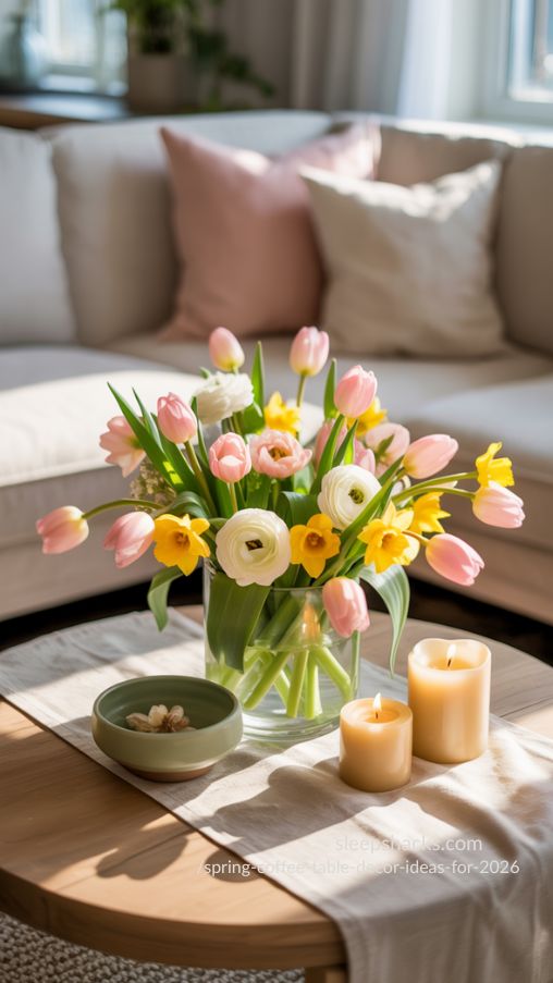 Fresh Spring Blooming Centerpiece Coffee Table Styling