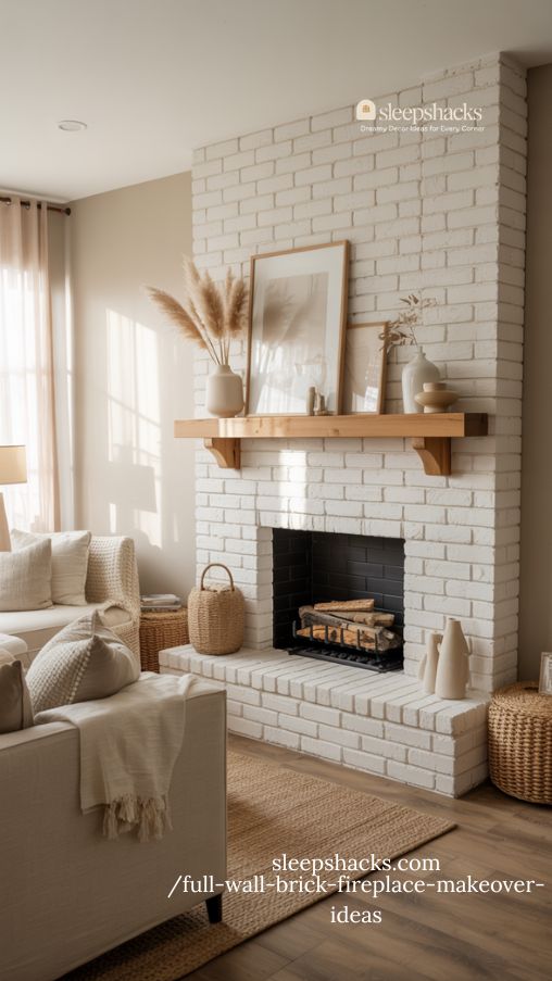 Full Wall Brick Fireplace Makeover Ideas for a Cozy Neutral Living Room