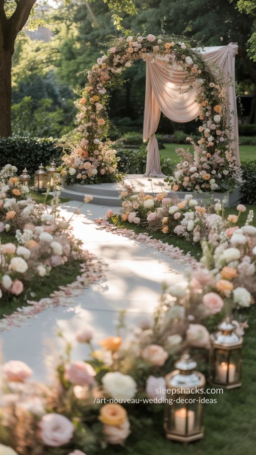 Garden-Inspired Art Nouveau Wedding Ceremony with Floral Arch and Lanterns