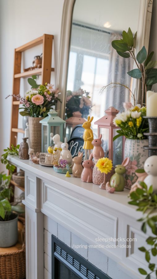 Create a high-resolution, photorealistic interior image of a spring fireplace mantel decorated with personal seasonal accents and charming knick-knacks. Include small figurines, ceramic bunnies, tiny birds, pastel-painted lanterns, and other meaningful objects layered thoughtfully with flowers, candles, and greenery. The arrangement should feel curated, lively, and inviting, reflecting personal stories and joy. Use bright natural lighting with soft shadows to highlight textures and colors, emphasizing warmth and seasonal freshness. Capture the mantel from a slight angle to show layering, contrast, and storytelling elements, perfect for Pinterest.