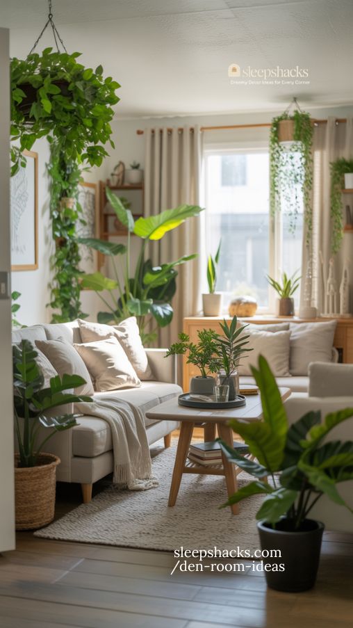 Green and Plant-Filled Den with Natural Light and Cozy Textiles