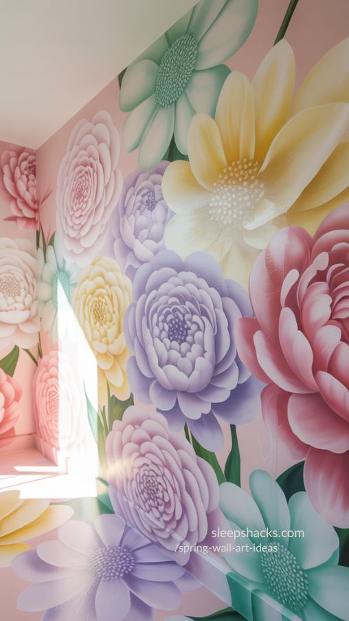 Hand-painted floral mural in pastel shades on a feature wall creating bold and immersive spring wall art
