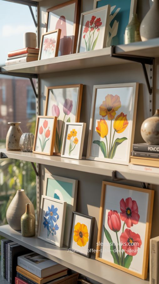 A photorealistic interior photography scene featuring Colorful Bloom Art for Shelves styled as cheerful spring botanical decor. A sunlit living room or study nook shows a set of open shelves decorated with small framed canvases and illustrations of bright tulips, daisies, and poppies. The art pieces sit among stacked books, ceramic vases, and decorative objects, creating contrast and visual interest. Frames vary subtly in style—light wood, white, or gold—to add layered charm. Grouping art by color and theme creates harmony while letting each piece stand out. Soft natural daylight highlights brush textures and vibrant colors. Shot with a full-frame DSLR camera, 50mm lens, ultra-high resolution, shallow depth of field, natural window light, realistic textures, editorial Pinterest-style interior photography, lively, curated, and inviting spring mood.