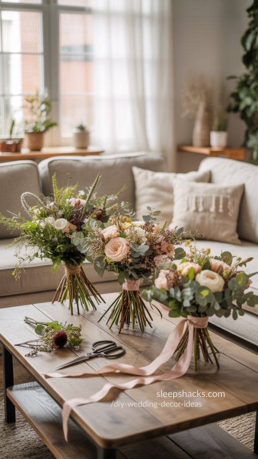 Handmade Wedding Bouquets with Organic Romantic Living Room Styling