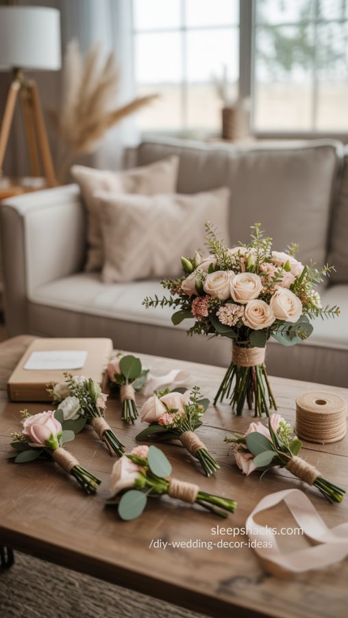Photorealistic interior photography of a bright airy living room styled for DIY Wedding Decor Ideas featuring handmade flower crowns arranged on a rustic wooden coffee table, delicate daisy chains mixed with soft greenery eucalyptus and subtle dried florals for texture, lightweight floral wire bases wrapped in floral tape, blush and ivory seasonal blooms incorporated naturally, woven basket filled with extra flowers and ribbon nearby, neutral linen sofa and sheer white curtains in background, warm natural daylight streaming through windows, gentle shadows, soft pastel and earthy color palette, shallow depth of field, 50mm lens look, ultra realistic petal textures and greenery detail, Pinterest editorial styling, vertical composition, high resolution, no people, focus on handcrafted floral crowns and whimsical atmosphere