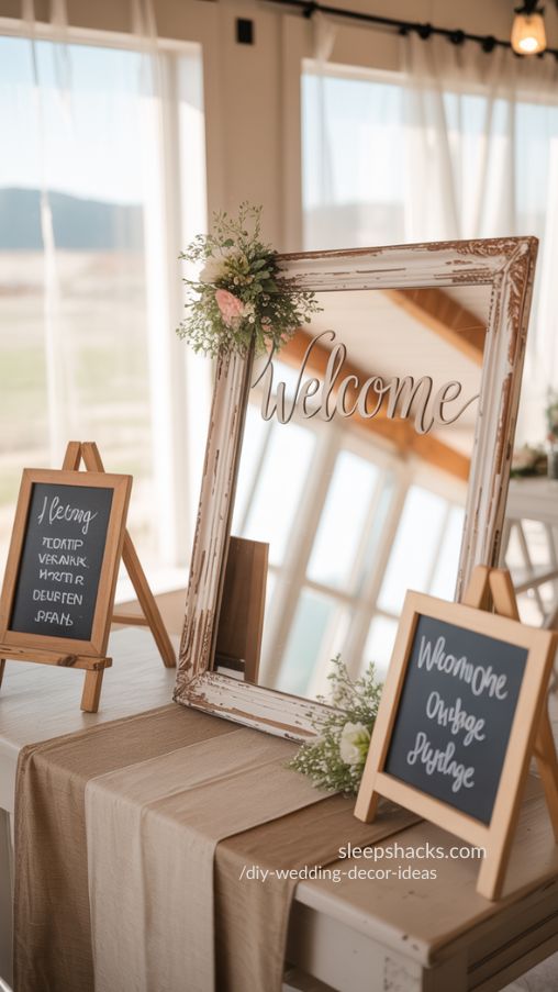 Handmade Wedding Signage with Mirror and Floral Details