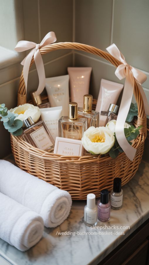 His and hers wedding bathroom baskets with personal care items on a bright, elegant bathroom countertop