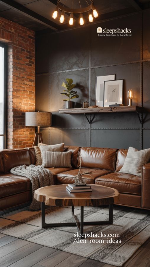Industrial Chic Den with Exposed Brick and Leather Accents