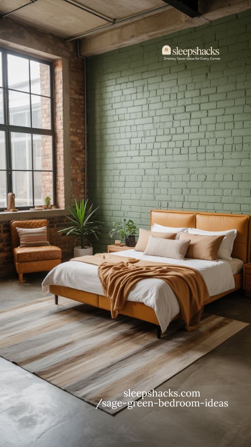 Industrial Sage Green Bedrooms with Warm Wood