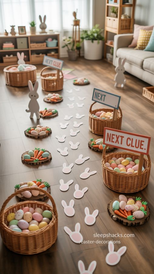 Interactive Indoor Easter Hunt with Bunny Footprints and Pastel Baskets