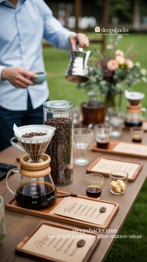 Interactive Pour-Over Backyard Wedding Coffee Station with Single-Origin Beans and Greenery Accents