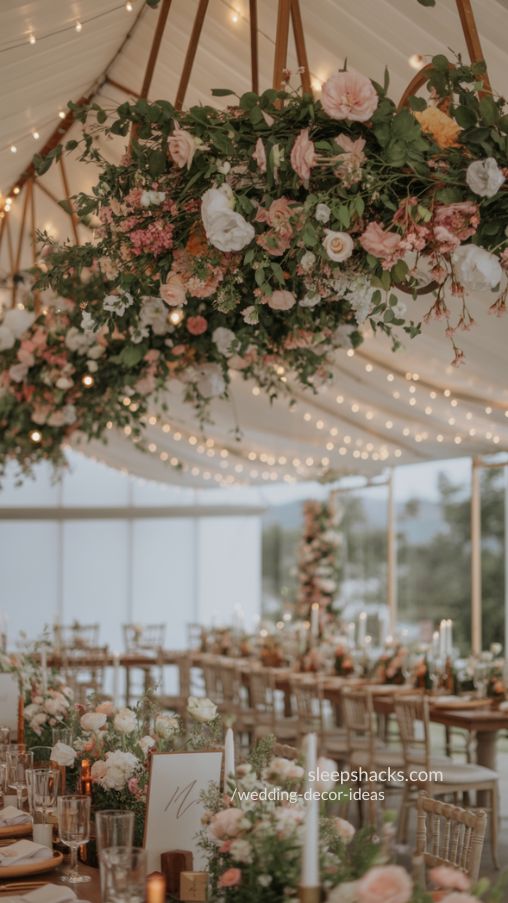 Capture a magical wedding reception with whimsical hanging flowers suspended above elegantly decorated tables. Focus on lush blooms in soft pastel shades mixed with greenery, arranged at varying heights to create depth. Incorporate delicate fairy lights woven through the flowers, casting a warm, romantic glow over the scene. Highlight tables below with simple, elegant centerpieces and candles, keeping the ceiling as the visual star. Use soft natural or ambient lighting to emphasize textures, colors, and the dreamy atmosphere. Include a few intimate touches like personalized name cards or small keepsakes to make the scene feel alive and inviting.Keywords/Focus: whimsical wedding decor, hanging flower arrangements, magical wedding reception, fairy lights wedding ideas, intimate DIY wedding details