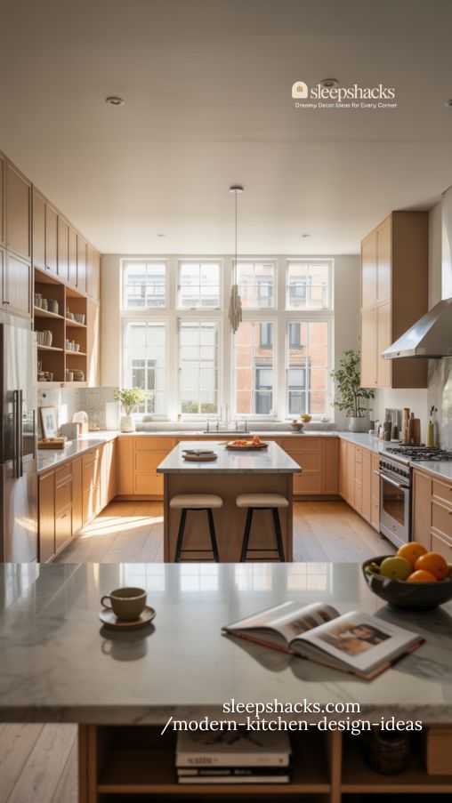 Inviting Modern Kitchen with Sleek Design and Warm Accents