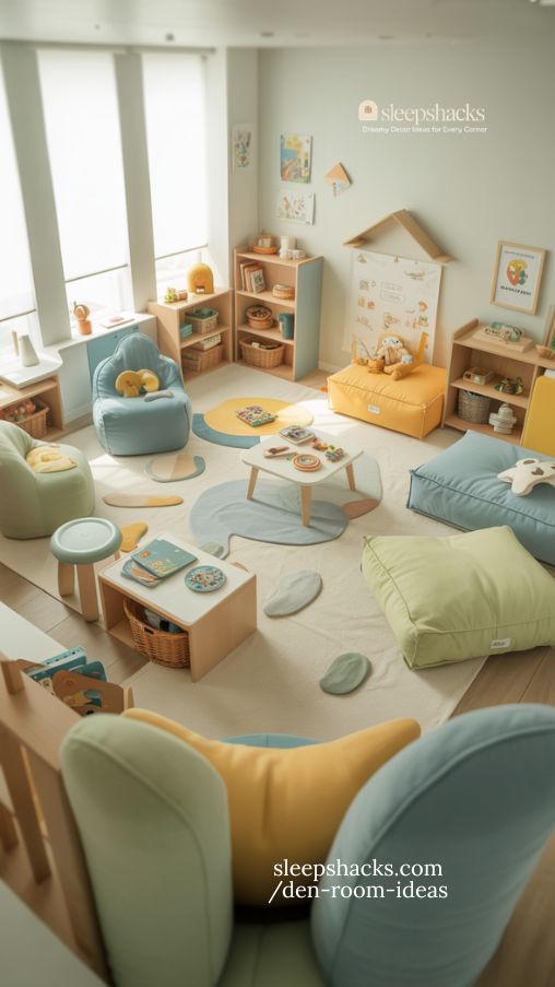Kid-Friendly Creative Den with Modular Seating and Activity Zones