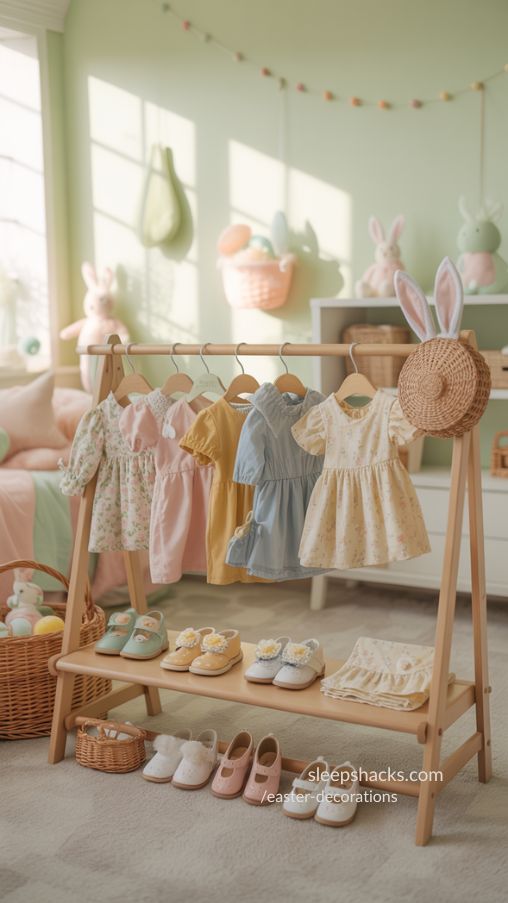 Kids’ Easter Outfit Display with Bunny Accessories and Pastel Colors