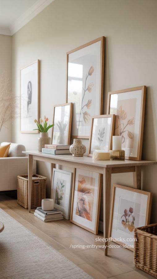 Layered Artwork on Console for a Spring Entryway