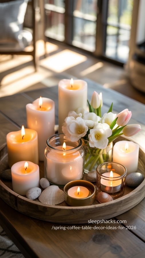 Layered Candles for a Cozy Spring Coffee Table