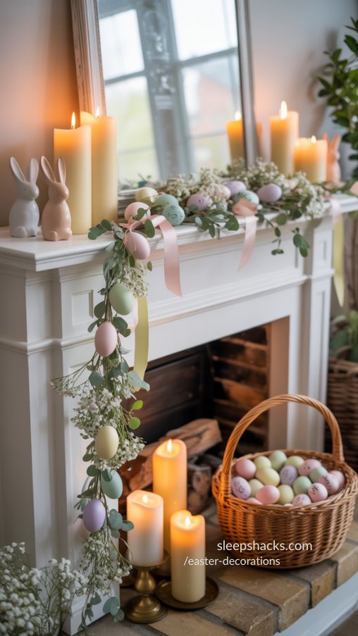 Layered Easter Mantel Décor with Garlands and Bunny Accents