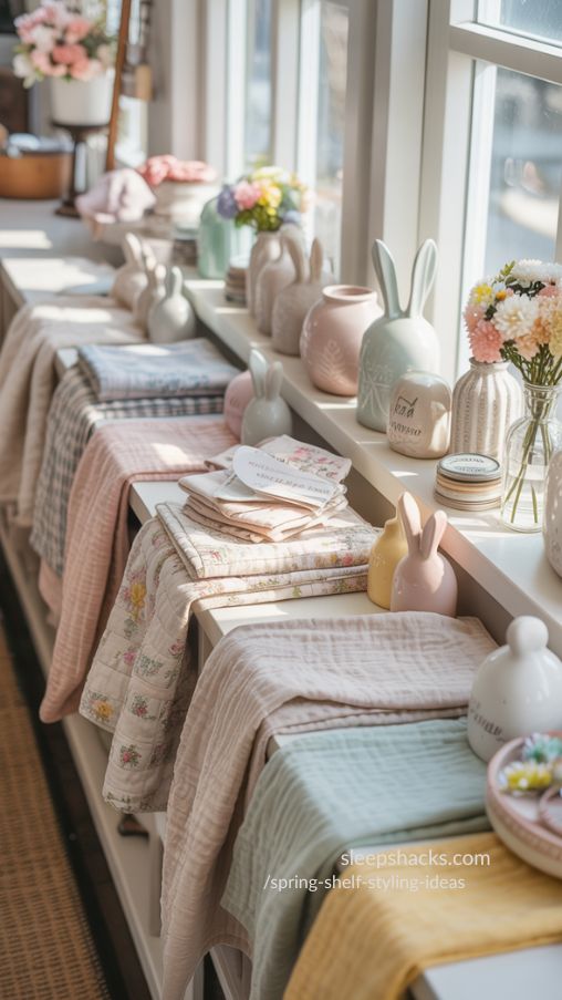 Layered Fabric for Seasonal Texture – Soft Spring Shelf Styling Idea