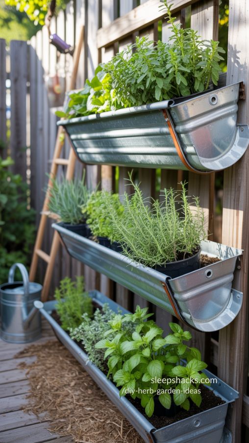 Layered Hanging Gutter Herb Planter in Backyard