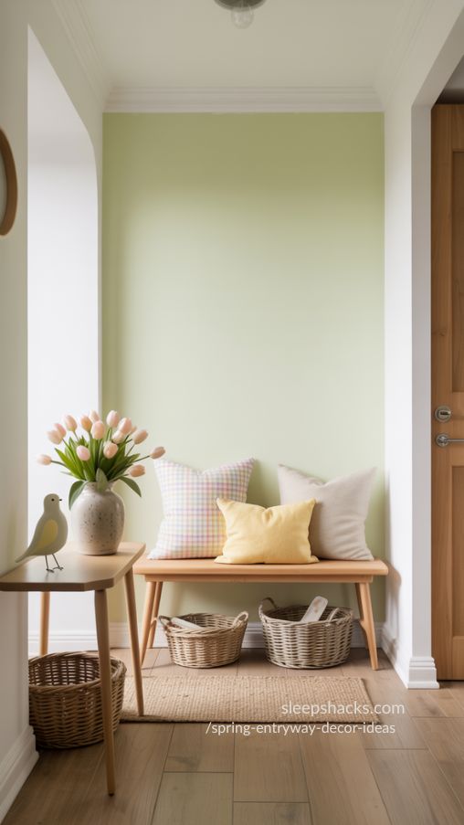 Focus: Playful Pastels for Spring – Spring Entryway Decor Ideas Create a high-resolution, photorealistic interior photograph of a charming spring entryway featuring playful pastel accents. The space includes a small accent wall painted soft mint green, paired with warm white trim and light oak flooring to keep the look balanced and fresh. Position a simple wooden bench against the mint wall, styled with a subtle checkered cushion in complementary pastel hues (blush and soft yellow). Add one or two neutral linen pillows to soften the look. On a nearby slim console table, place a ceramic vase filled with pale pink tulips and a small decorative bird figurine for a whimsical spring touch. Keep the majority of the decor neutral—woven baskets underneath the console, a natural jute runner on the floor—to allow the pastel elements to gently pop without overwhelming the space. Lighting: bright natural daylight from the side, soft shadows, airy exposure, crisp editorial details, shallow depth of field, 35mm lens. Mood: light, cheerful, whimsical yet curated, cozy and welcoming. Layered Lighting Ideas for a Bright Spring Entryway (1)