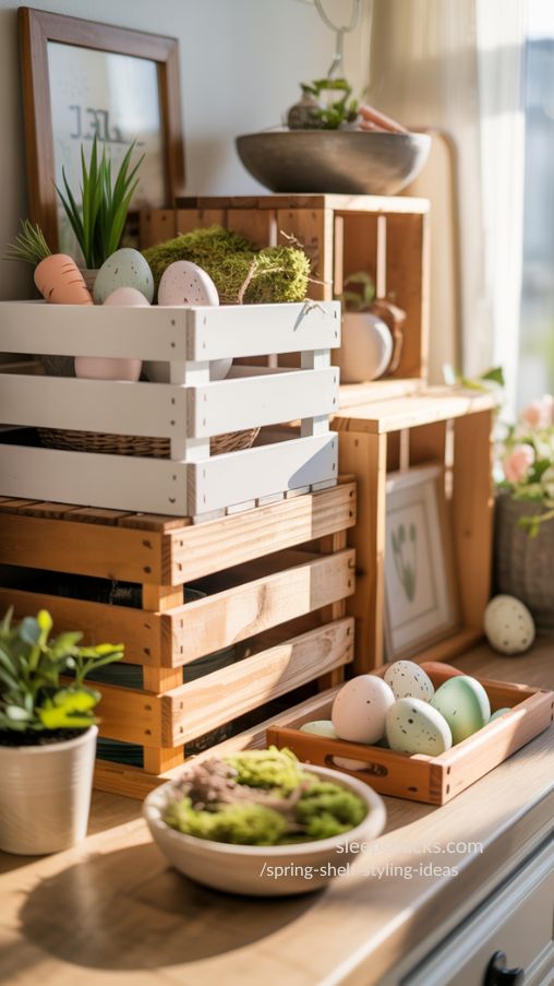 Layered Wooden Crates with Seasonal Decor – Rustic Spring Shelf Styling