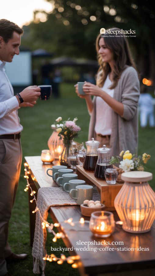 Lighted Evening Backyard Wedding Coffee Station with String Lights, Lanterns, and Cozy Details
