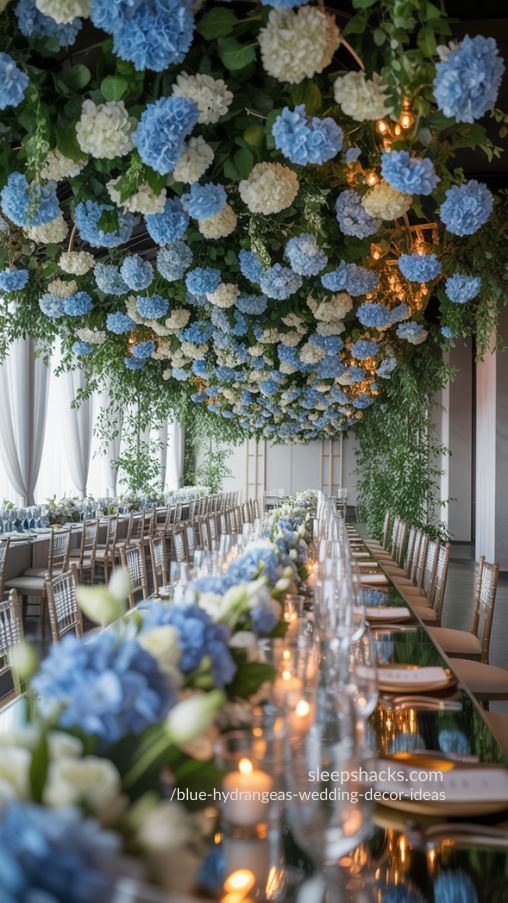 Luxurious Blue Hydrangea Hanging Floral Installation Inspiration