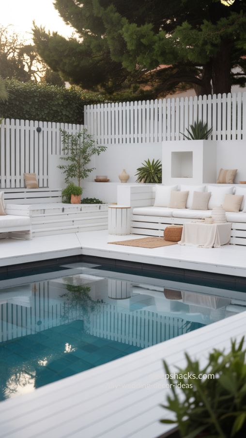 Photograph an above-ground pool surrounded by simple, matching DIY planters. Use wooden or stone planters that coordinate with the pool’s materials to create a cohesive look. Fill planters with seasonal flowers or greenery, and position a few to double as ledges for drinks or small décor items. Keep the layout balanced and uncluttered to emphasize the intentional, personal feel of the space. Capture photorealistic textures of wood, stone, plants, and reflective water, with soft natural sunlight highlighting colors and shadows. Focus on creating a cozy, inviting, and stylish backyard pool scene perfect for Pinterest inspiration. Keywords/Focus: DIY pool planters, backyard pool decor, seasonal planter ideas