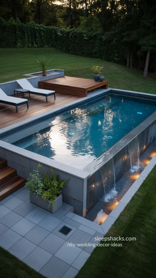 Luxury Infinity Edge Above-Ground Pool with Decking Keywords/Focus: coordinated outdoor furniture, backyard pool deck setup, stylish poolside seating
