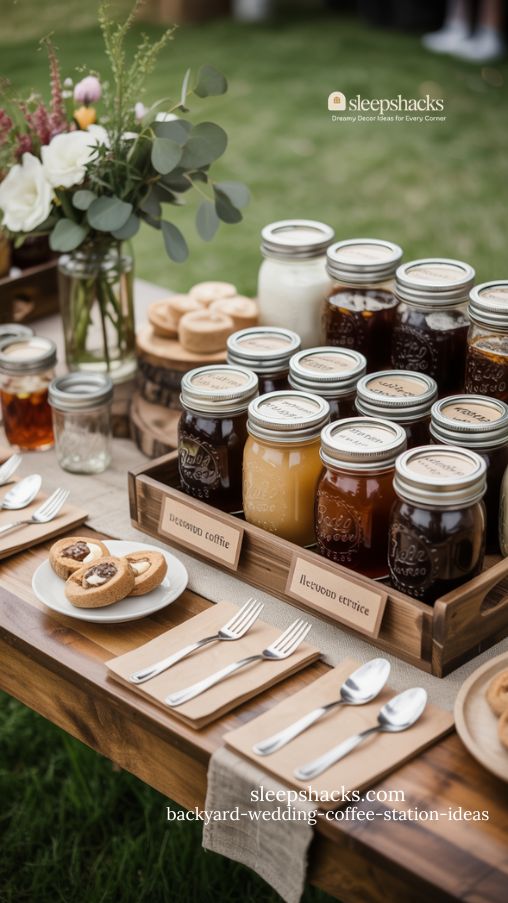 Mason Jar Backyard Wedding Coffee Station with Labeled Drinks and Rustic Floral Decor