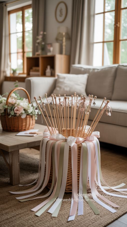 Photorealistic interior photography of a bright neutral living room styled for DIY Wedding Decor Ideas featuring handmade boutonnieres arranged neatly on a rustic wooden table, small floral pieces made with sturdy stem roses spray carnations eucalyptus and greenery, wrapped with natural twine and soft satin ribbon in blush and ivory tones, matching mini bouquet placed nearby for visual continuity, floral clippings and ribbon spools subtly styled in the background, warm natural window light streaming through sheer curtains, linen sofa and textured throw softly blurred, earthy neutral color palette, shallow depth of field, 50mm lens look, ultra realistic petal and fabric textures, airy romantic atmosphere, Pinterest editorial composition, vertical framing, high resolution, no people, focus on coordinated floral details