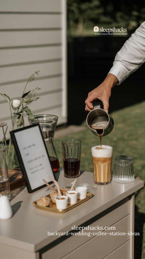 Minimalist Modern Backyard Wedding Coffee Station with Neutral Tones and Specialty Drinks