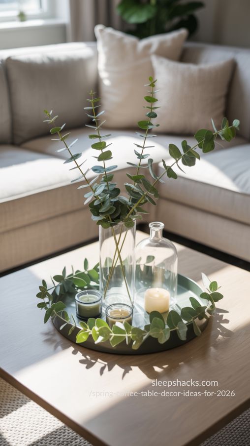 Minimalist Spring Coffee Table with Eucalyptus Greenery