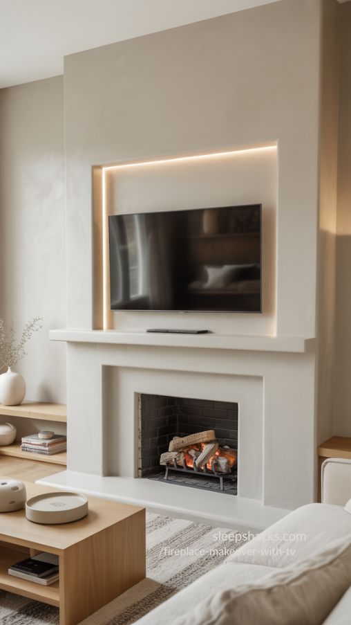 Minimalist White Fireplace Makeover With Recessed TV Nook – Clean & Serene Design