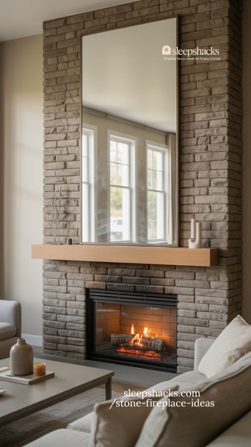 Mirror Enhanced Stone Fireplace Ideas for Brighter Living Rooms