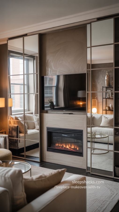 Mirrored Fireplace Makeover With Hidden TV – Glamorous Space-Enhancing Design